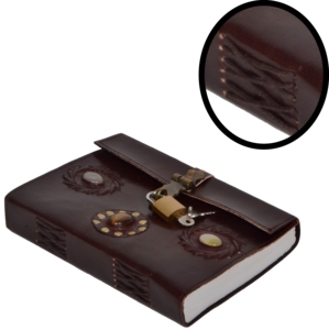 Three Stone Embedded Hardcover Genuine Leather Journal Handmade Notebook Vintage Style Blank Diary With Latch Brass Lock And Key - Product Image 3
