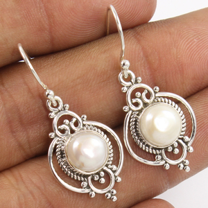 Round Shaped Drop <b>Earrings</b> for Women Cute Bezel Setting 925 Sterling <b>Silver</b> Natural <b>Pearl</b> Gemstones Party <b>Earrings</b> - Product Image 1