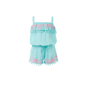 Dazzling Crewel Embroidered Ruffle Pom Pom Trim Romper <b>Jumpsuit</b> Cute Little Girls Cool Elasticated Waist Beach Playsuit Sundress - Product Image 1