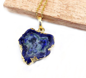 Quartz solaire bleu naturel plaqué or 24k, bijou indien, pendentif en plaqué or, livraison gratuite - Product Image 1