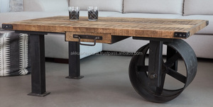 โต๊ะกาแฟไม้มะม่วงอุตสาหกรรม |   เฟอร์นิเจอร์ห้องนั่งเล่นดีไซน์ล้อวินเทจ ฐานเหล็กสไตล์เรสติก งานไม้แท้ทำมือ คุณภาพพรีเมียม - Product Image 4