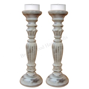 Bougeoir en bois de manguier rustique lot de 2 en blanc et argent fait à la main pour anniversaire de mariage ou décoration de vacances approvisionnement d'usine - Product Image 1