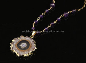 Collar hecho a mano unisex con cuentas de amatista de cuarzo solar, cadena de latón, piedra de ágata para fiesta de boda o regalo de compromiso - Product Image 3