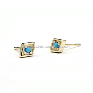 Boucles d'oreilles de mariage en or jaune 14K véritable turquoise avec pierres précieuses Bijoux fins - Product Image 1