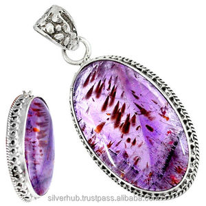 Cacoxenite จี้เงินรูปวงรีสำหรับผู้หญิง,จี้ห้อยข้อความโบโฮสีเงิน925พลอยธรรมชาติ Cacoxenite สีม่วง925 - Product Image 5