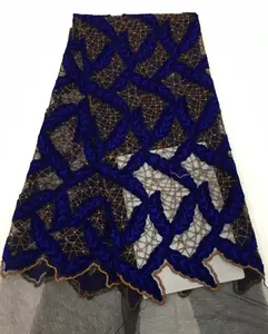 Bestway刺绣面料优质法国蕾丝，配以天鹅绒皇家蓝色薄纱蕾丝，用于尼日利亚婚礼宴会礼服FL2287
