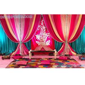 Beautiful Mehndi Ceremony Backdrops <b>Curtain</b>, Colorful Sangeet Stage Backdrop Decoration, Punjabi Mehndi Event Backdrop <b>Curtains</b> - Product Image 1