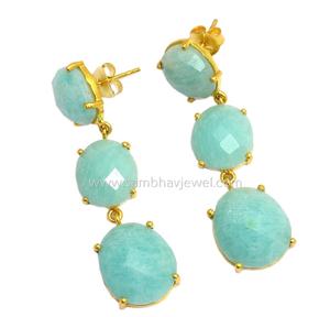 925 Sterling Silver <b>Long</b> Drop <b>Earrings</b> High Quality Natural Amazonite Gemstone Handmade Dainty Gold Plated for Weddings Gift - Product Image 1
