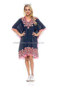 ชุดเดรสคาฟตันปักลายดอกไม้สีทึบใส่สบายใส่ได้พอดีกับฤดูร้อนชุดบิกินี่เซ็กซี่มีชายเสื้อสั้นตกแต่งลูกไม้-ผ้าฝ้าย - Product Image 4