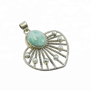 Vintage S925 Silver Fine Jewelry Belle Larimar Naturel Perle Multi Pierre Pendentif Avec Rhodium Placage Élégant Et Élégant - Product Image 1