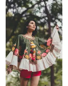 Cute Comic Walking Colorful Elephant Embroidered Dazzling Hangings Graceful Silhouette Deep Green Khadi Circular Unique Poncho