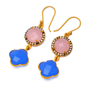 Rose Blue Chalcedony CZ Gemstone Dangle Earrings 925 <b>Sterling</b> <b>Silver</b> Gold Plated Handmade for Women Wedding & Party Occasions - Product Image 1