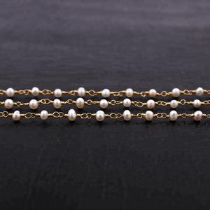 El joyero สร้อยร้อยลูกปัดร้อยสายชุบทองเหลืองยาว3มม.-4มม. สีขาวไข่มุกน้ำจืดสีขาว1ฟุต - Product Image 3