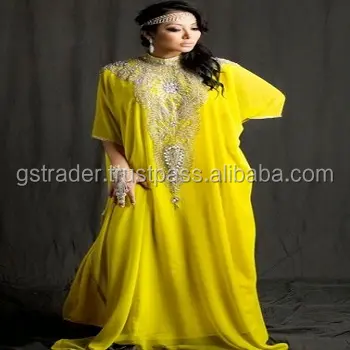 Kaftan Abaya Bordir India untuk Wanita, Gaun Kaftan Lengan Panjang dengan Manik-manik Kuning untuk Wanita