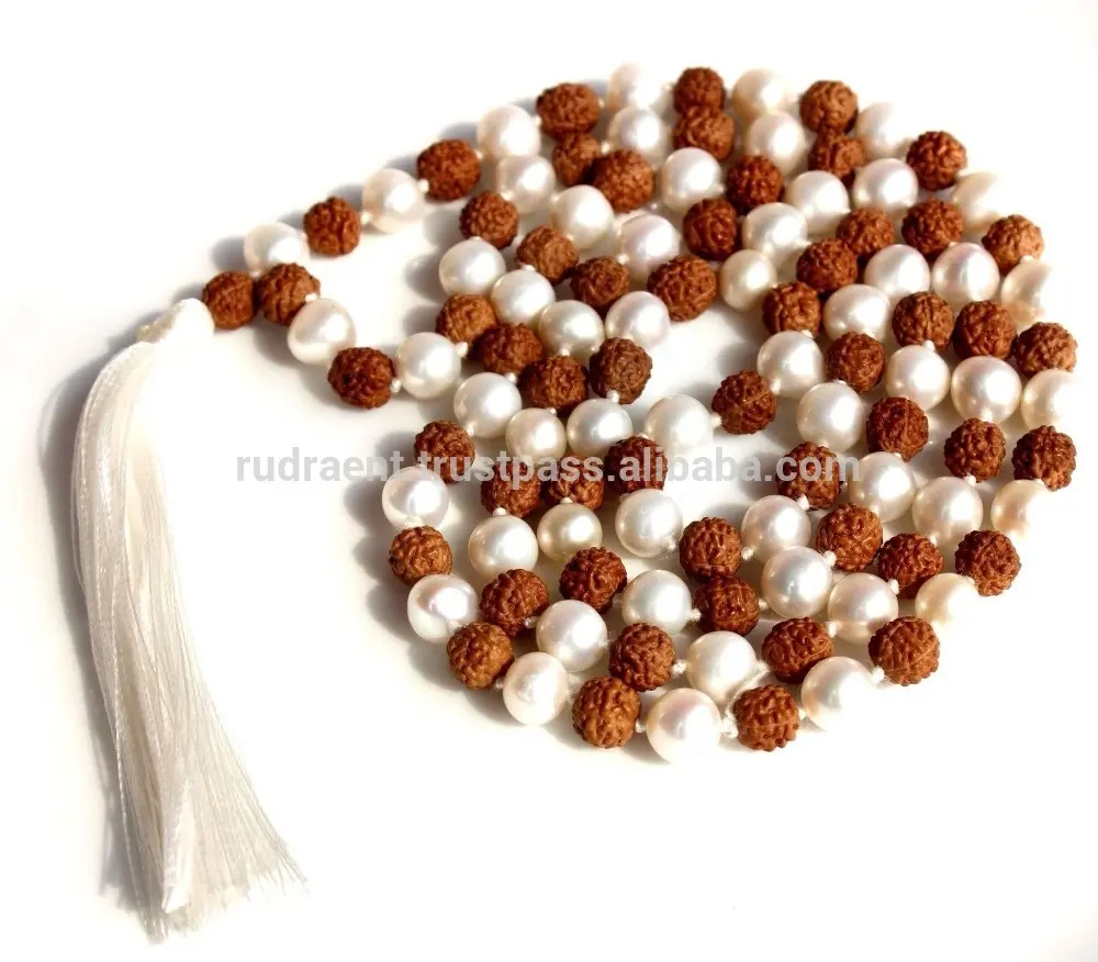 Boemia perla, Rudraksha annodato Mala 108 perle tonde collana di seta nappa 8 Mm collane Rudra gemme d'acqua dolce perla naturale