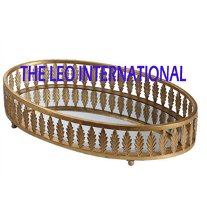 Iron Steel Metal <b>Mirror</b> Glass Oval Shape Leaf Design Serving <b>Tray</b> Customized Light Luxury Decorative <b>Tray</b> - Product Image 1