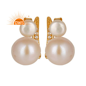 White Topaz Natural Pearl Gemstone Stud Earrings Gold Plated Designer Silver Earrings Jewelry Supplier - Product Image 1