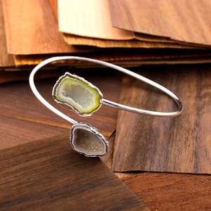 Natural Geode Druzy Brown/Yellow Brass <b>Bangle</b> <b>Bracelet</b> <b>Silver</b> Plated Adjustable <b>Bangles</b> Contemporary Classic Unisex Jewelry for - Product Image 1