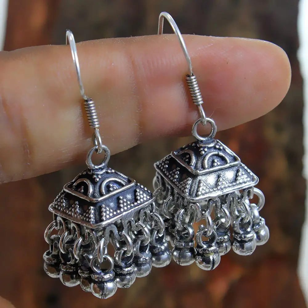 Trang Sức Bạc Trơn Làm Việc Kiểu Rawa Cổ Điển Jhumkas Bông Tai Bạc Sterling 925