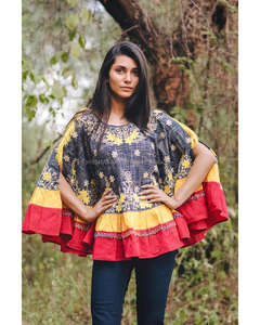 Capa de Kaftan corta elegante azul Slub Circular Floral bordado doble volantes plisado Poncho complejo turístico y Playa fiesta - Product Image 1