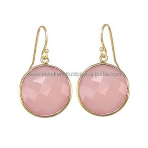 Pink Chalcedony Gold Plated <b>Sterling</b> <b>Silver</b> <b>Drop</b> <b>Earrings</b> with Faceted Cut AAA Quality-Wedding Party & Gift Jewelry - Product Image 1