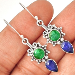 Amazing 925 Sterling Silver Drop Earrings with Kashmiri Emerald Sapphire Cute Design for Wedding Party & Gift - Product Image 1