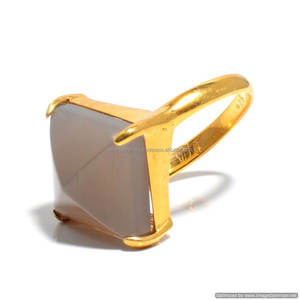 Anillo Vermeil de oro hecho a mano de Plata de Ley 925 con piedra preciosa de Calcedonia gris para fiesta de boda o aniversario - Product Image 1