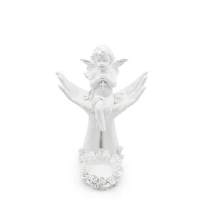 Decoração de casa cherub candlestand sentado mão votivo cruz resina cherub