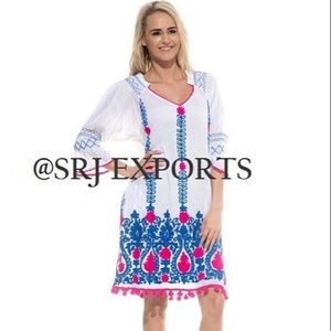 Robe tunique tendance, nouvelle mode, pour les fêtes, à fleurs, broderie impériale, collection de placard, élastique, manches 3/4, bordure à cloche - Product Image 2