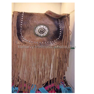 Sacs à bandoulière pour femmes en cuir véritable et fourrure, broderie artisanale vintage traditionnelle, perles et pompons, fermeture éclair, design à rabat, coton - Product Image 1