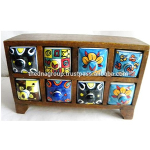 Coffre en bois indien avec 8 tiroirs en céramique, naturel - Product Image 1