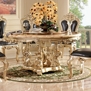 โต๊ะอาหารหินอ่อนทรงกลมสไตล์ยุโรป โต๊ะอาหารไม้จริงพร้อมชุดเก้าอี้ โต๊ะพร้อมเก้าอี้หกตัว เฟอร์นิเจอร์ห้องนั่งเล่นสำหรับบ้าน - Product Image 3