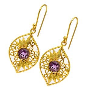 Pendientes colgantes hechos a mano de piedras preciosas redondas de amatista de diseñador de filigrana, joyería de plata de ley 925 con chapado en oro para regalo de boda - Product Image 2