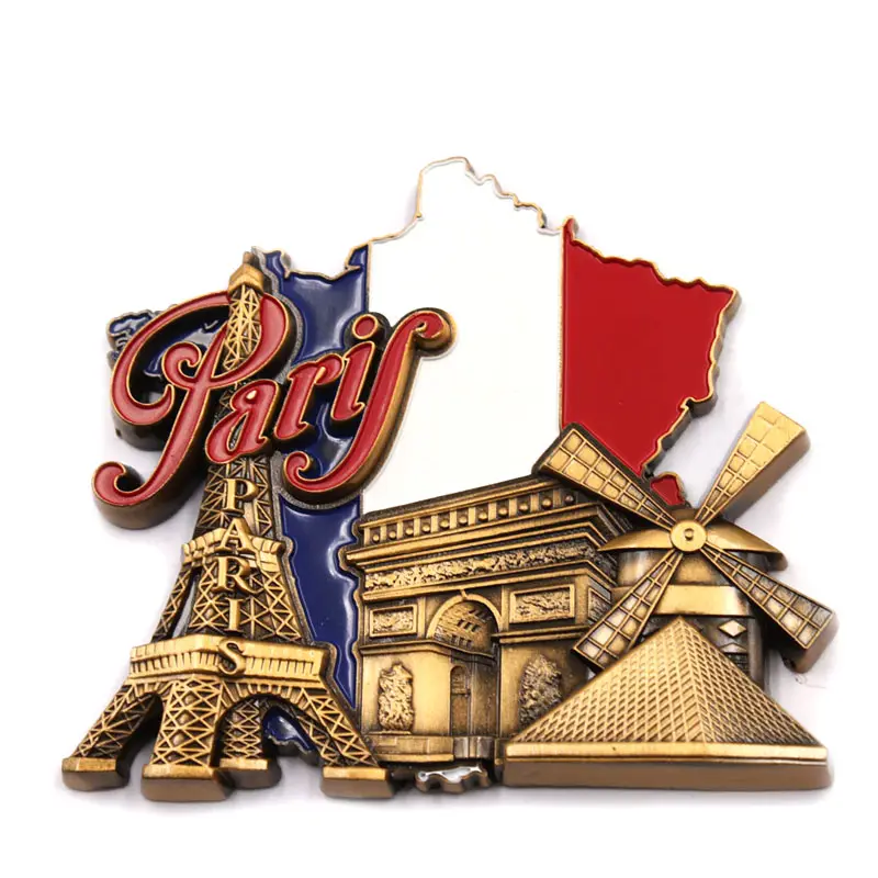 Сувенир: Париж, Эйфелева башня, Триумфальная арка, музей Лувра, ветряная мельница, карта национального флага Франции, магнит на холодильник