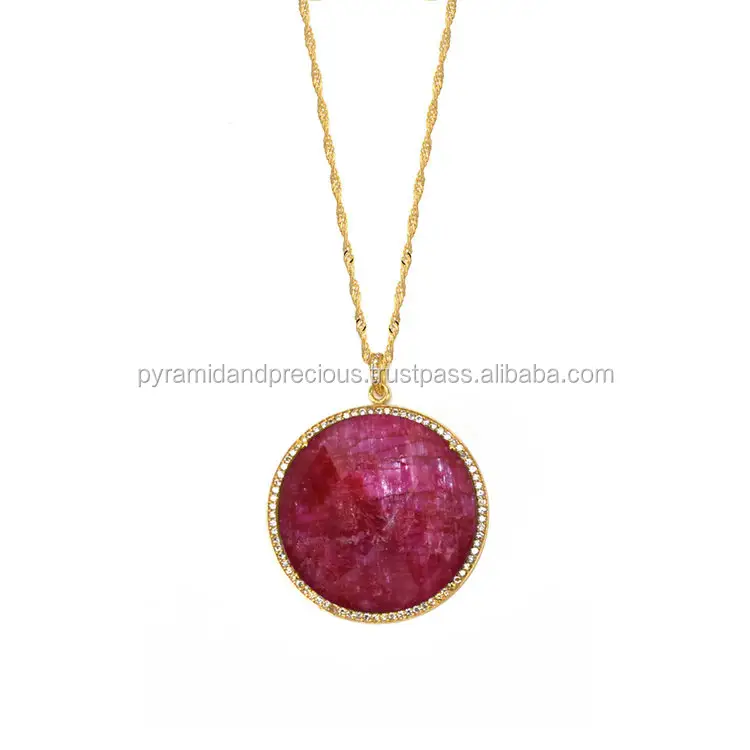 Baku Ruby Batu Permata Bulat Paving Stone Cz Set Liontin Kalung-Berlapis Emas Batu Permata Kalung