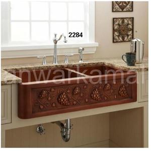 Évier de cuisine en cuivre brossé, tablier avant pour raisin, Double bol - Product Image 1