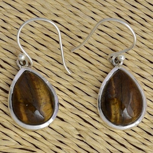 Piedra preciosa de ojo de tigre en forma de pera, Plata de Ley 925 con pendientes colgantes chapados en plata, joyería, pendiente de moda para boda. - Product Image 3