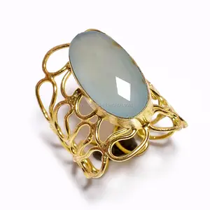 Chalcedony gemstone gold plated rings wholesale jewelry handmade rings real brass rings suppliers