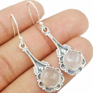 Handmade Natural Stone Drop Dangle Hook <b>Earrings</b> Bohemian Round Cut Stone <b>Earrings</b> <b>Rose</b> <b>Quartz</b> Flat Gemstone <b>Earring</b> for Women - Product Image 1