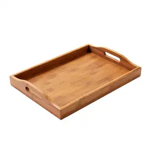 Bandeja rectangular de madera de bambú para servir comida, con asas, sólida y cuadrada, bonita, para desayuno y bebidas