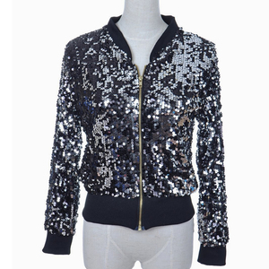 Blouson bomber long à sequins pour femme avec rembourrage en polyester, fermeture éclair sur le devant et poignets côtelés, finition matelassée pour les soirées dansantes - Product Image 1
