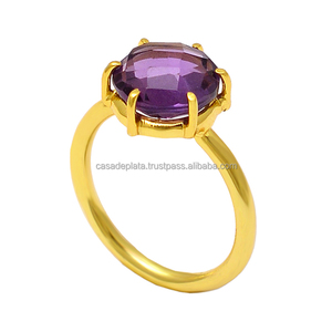 Anillo de Plata de Ley 925 con piedras preciosas de amatista de corte redondo con Juego de puntas Anillo de plata chapado en oro Anillo de moda de último diseño. - Product Image 1