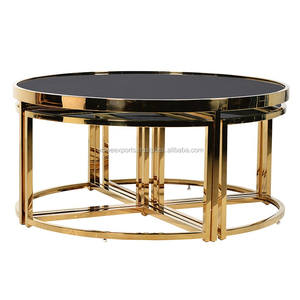 Mesa de Centro Moderna de Acero Inoxidable con Tapa de Espejo Negro y Detalles en Dorado - Product Image 1