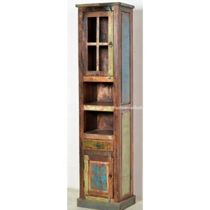 Armario de exhibición largo para barco, madera con soporte para botella de vino, puerta de vidrio, madera sólida India reciclada, muebles antiguos para sala de estar - Product Image 1