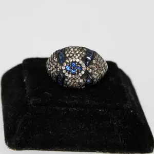 Bague saphir bleu naturel de créateur en argent sterling 925 pavé de diamants bagues victoriennes faites à la main bijoux par Memoria Jewels