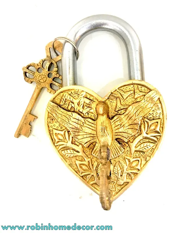 Handicraft Functional 6.75" Inches Eagle ON Heart Shape Lock Handmade Solid Brass Big Padlock with Keys Home Decor