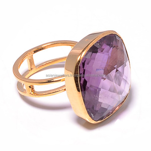 Bague en argent sterling faite à la main avec vermeil or améthyste quartz pierres précieuses incrustation de réglage pour les mariages ou les fêtes - Product Image 1