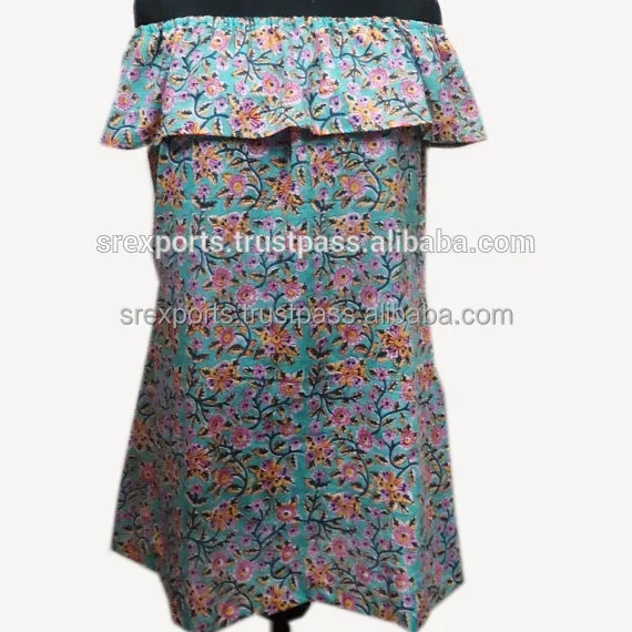 Hand Block Printed Designer Sexy Beach Wear Cotton Frill Dress Girls Handmade Tunic Short Kurtis Style Top