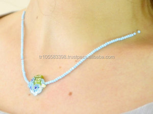 <b>Murano</b> <b>glass</b> hamsa necklace Green and Navy blue flower hand shaped pendant with <b>glass</b> <b>beads</b> invisible - Product Image 6