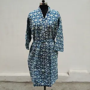 Luxurious Hand Block Printed Cotton Kimono With Tie Belt Closure, Long Sleeve For Night Sleep Wear Lounge Swimsuit Cover UP